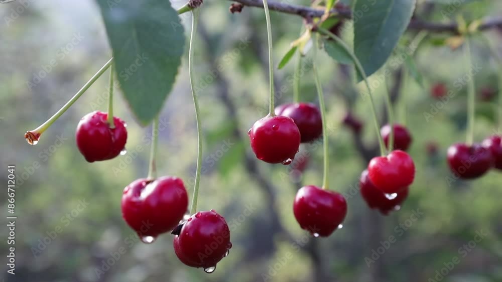 Against the background of fog, raindrops on cherries Against the background of fog, raindrops on cherries