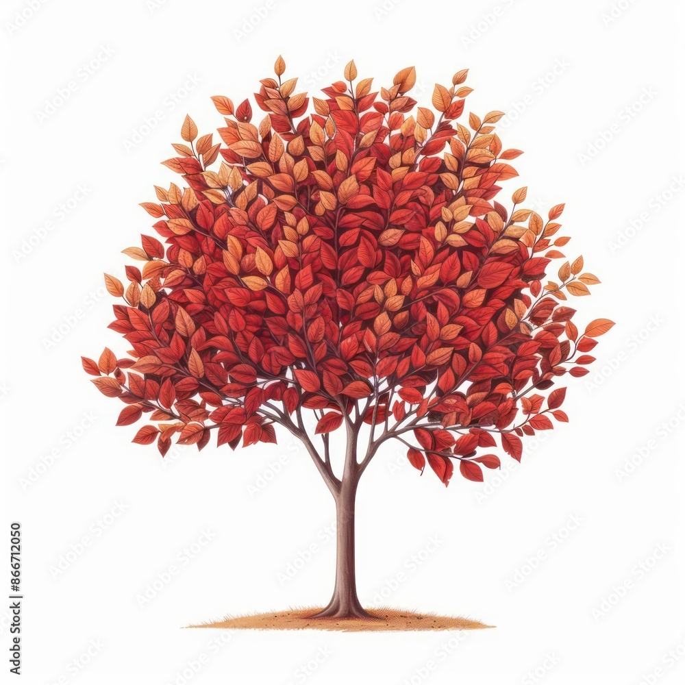 Naklejka premium A detailed depiction of a tupelo tree with vibrant autumn leaves, perfect for a botanical illustration isolated on a clean white backdrop