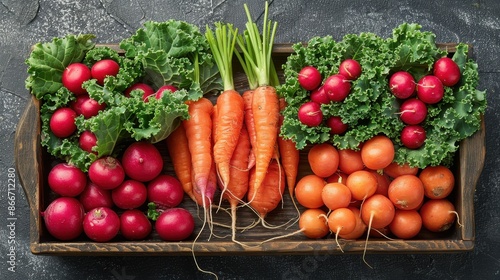 In this image, fresh carrots, radishes, and kale are meticulously arranged in a wooden tray, providing a visually pleasing representation of nutritious and wholesome garden vegetables.