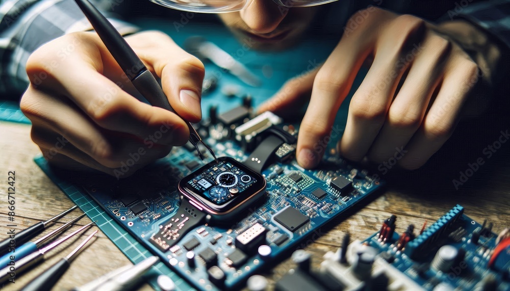 Close-up of a Technician Repairing a Smartwatch - A person is meticulously repairing a smartwatch with tweezers and a circuit board. Close-up of a Technician Repairing a Smartwatch - A person is meticulously repairing a smartwatch with tweezers and a circuit board.