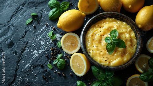 A bowl of creamy lemon curd garnished with basil leaves, surrounded by fresh lemons and peppercorns on a dark slate surface, showcasing a delightful and zesty presentation. photo