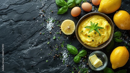 A delectable bowl of rich lemon curd garnished with fresh basil leaves and surrounded by lemons, butter, and eggs on a dark slate surface, creating an elegant culinary presentation. photo