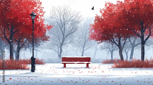 A serene winter park scene featuring vibrant red trees, a dusted snowy bench in the center, and gentle snowfall, with a streetlamp at one side. photo