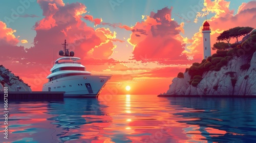 A stunning scene of a luxury yacht anchored near a coastal lighthouse at sunset. The sky is painted with rich colors, and the calm water reflects the vibrant hues beautifully. photo