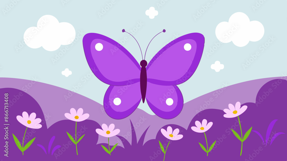 Landscape of purple butterfly on spring flowers and green grass vector illustration Landscape of purple butterfly on spring flowers and green grass vector illustration