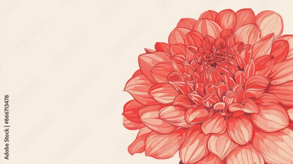 A detailed illustration of a dahlia in full bloom, showcasing its intricate layers of petals, isolated on a clean background with room for text A detailed illustration of a dahlia in full bloom, showcasing its intricate layers of petals, isolated on a clean background with room for text