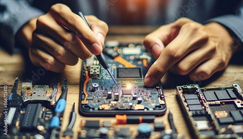 Repairing a Smartphone Motherboard - A technician repairs a smartphone motherboard with a precision tool. © Nima
