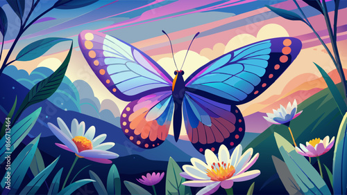 Landscape of purple butterfly on spring flowers and green grass vector illustration