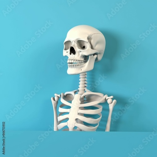 Human skeleton model posing on a blue background. Human bone model standing for medical education with anatomy organ. Anatomical and medical education. Skeletal system or human body parts. AIG35.