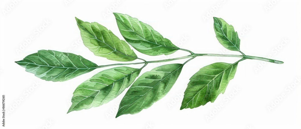 A detailed watercolor clipart of an ash leaf with multiple leaflets, perfect for a botanical illustration on a white backdrop A detailed watercolor clipart of an ash leaf with multiple leaflets, perfect for a botanical illustration on a white backdrop