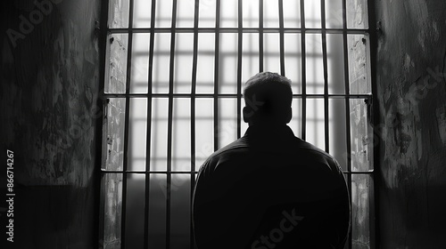 A man is standing in front of a jail cell with bars on the window