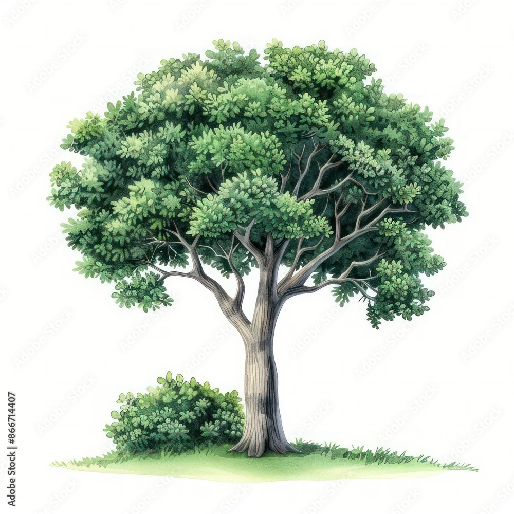 A detailed watercolor depiction of an ironwood tree with its dense foliage, isolated on a clean white background A detailed watercolor depiction of an ironwood tree with its dense foliage, isolated on a clean white background