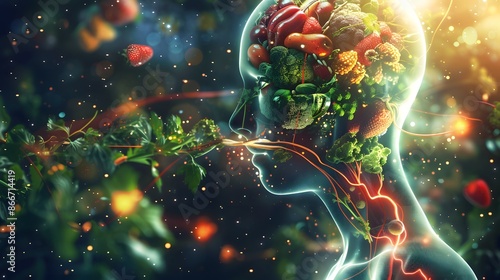  A dynamic illustration of the human body absorbing nutrients from a variety of foods, with glowing pathways demonstrating high bioavailability