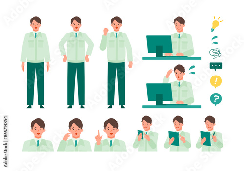 Working man. Concept for Problem Solving. Man cartoon character head collection set. People face profiles avatars and icons. Close up image of Problem Solving man.