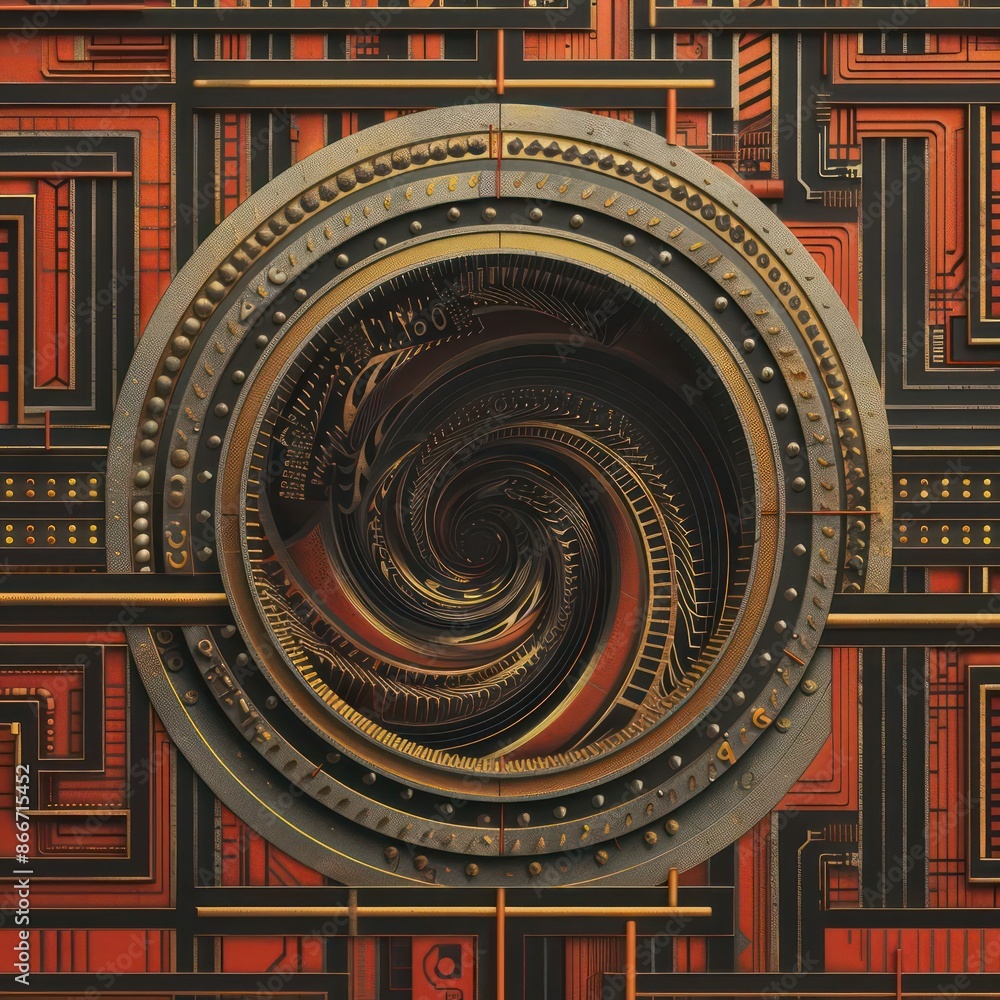 Obraz premium A vibrant depiction of a vintage teleportation portal with swirling digital patterns and oldfashioned mechanical parts, isolated with ample room for text on a clean background