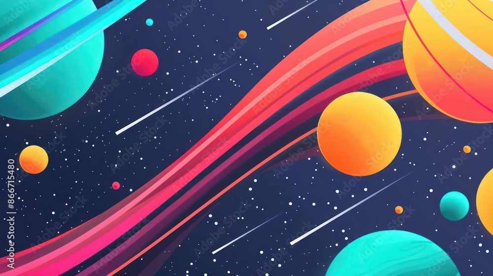 Naklejka premium A vibrant depiction of astronomy with planets, stars, and galaxies, isolated with ample room for text on a clean backdrop