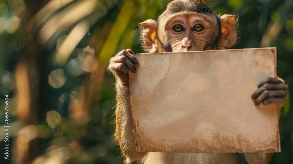 Obraz premium A monkey holds an empty poster to place an advertisement.