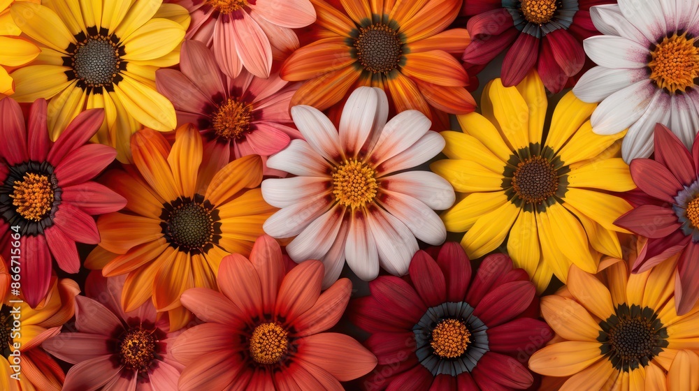 Fototapeta premium A vibrant depiction of gazania flowers with their bold, colorful petals, perfect for a floral banner with ample copy space