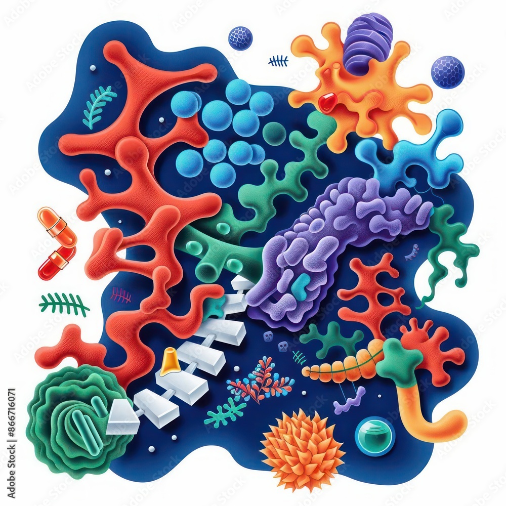 Obraz premium A vibrant illustration of biochemistry with enzyme structures and metabolic pathways, isolated on a clean background with room for text