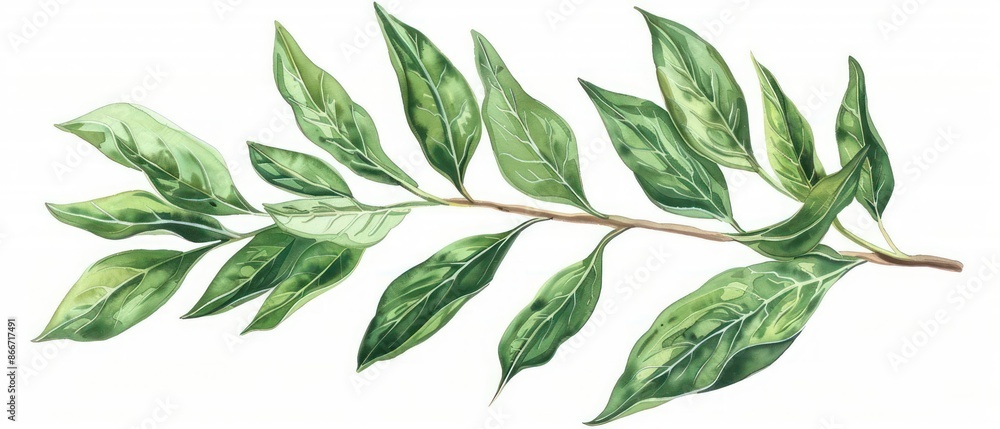 A watercolor illustration of a sandalwood branch with aromatic leaves, perfect for a botanical theme on a white backdrop A watercolor illustration of a sandalwood branch with aromatic leaves, perfect for a botanical theme on a white backdrop