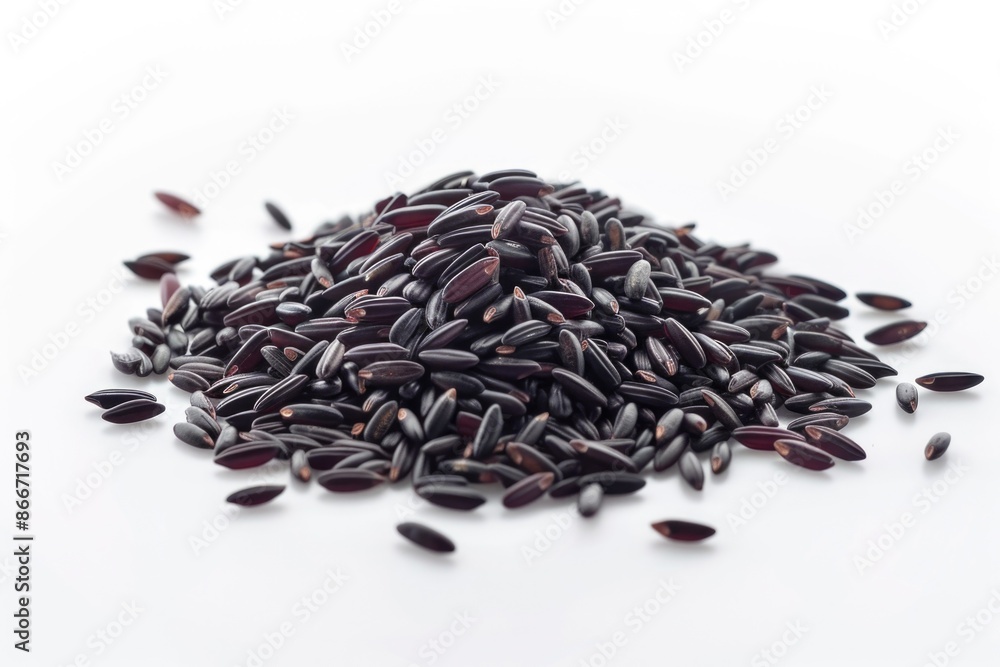 A pile of black rice sits on a white surface A pile of black rice sits on a white surface