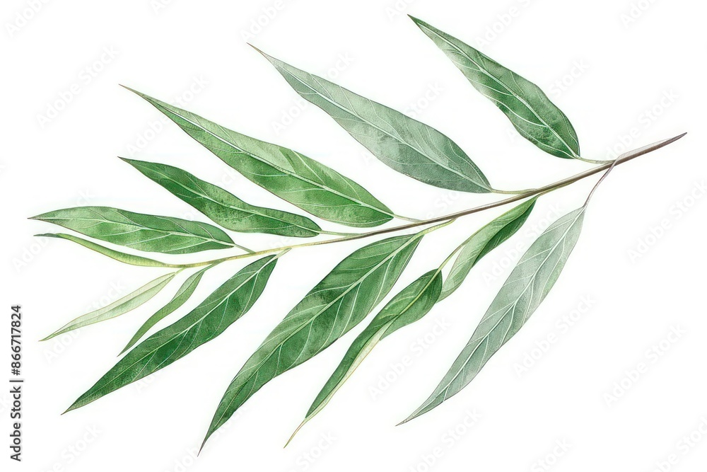 A watercolor image of a long, slender willow leaf with subtle shading, isolated on a clean white background A watercolor image of a long, slender willow leaf with subtle shading, isolated on a clean white background