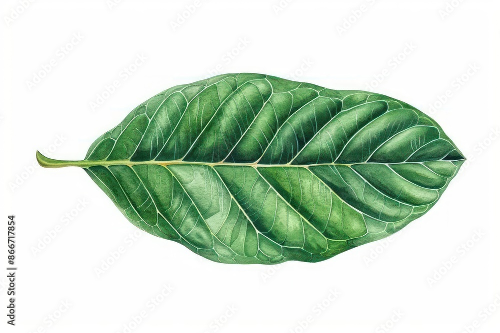 A watercolor image of a magnolia leaf with its broad, glossy surface, perfect for a botanical illustration on a white backdrop A watercolor image of a magnolia leaf with its broad, glossy surface, perfect for a botanical illustration on a white backdrop