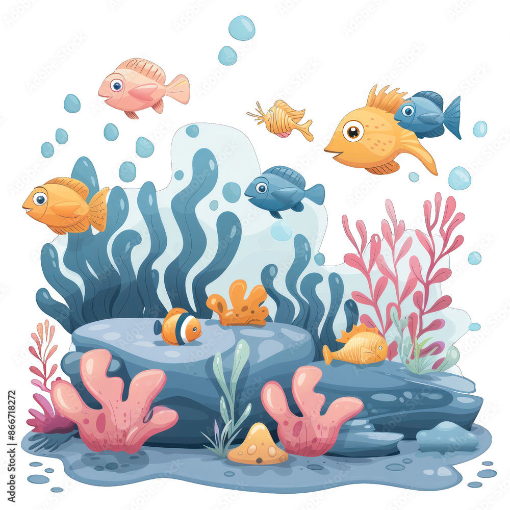Obraz premium Colorful underwater scene with various fish swimming among coral reefs and seaweed, creating a vibrant and lively ocean atmosphere.