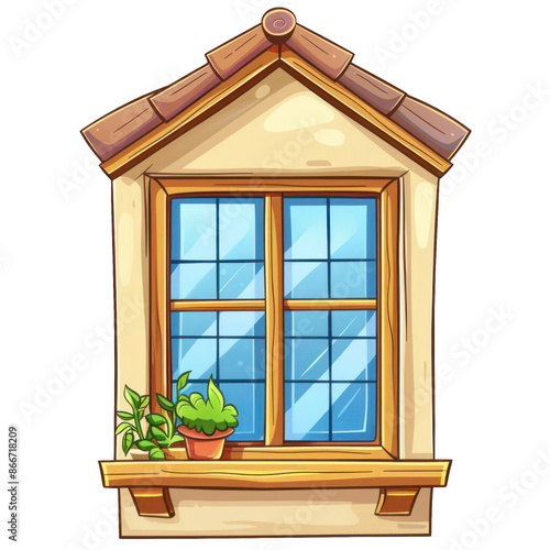 Cute cartoon window with blue glass panes, wooden frame, and small potted plants on the windowsill, isolated on a white background. © BoOm