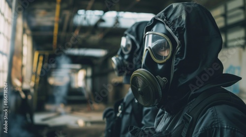 Two officers in protective gear, including gas masks, stand in a dilapidated industrial space, creating an ominous and dramatic scene © liliyabatyrova