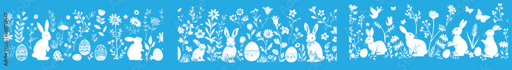 Obraz premium Decorative border with bunnies, eggs, and flowers for traditional Easter decoration. Set of rabbit modern patterns.
