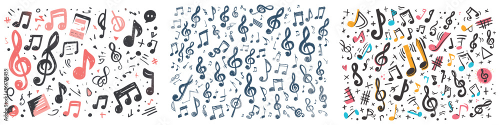 Musical notes, rest, treble clef, and bass clef. Sketchy grunge scribble music symbols. Song or melody notation doodle note symbol. Musical notes, rest, treble clef, and bass clef. Sketchy grunge scribble music symbols. Song or melody notation doodle note symbol.