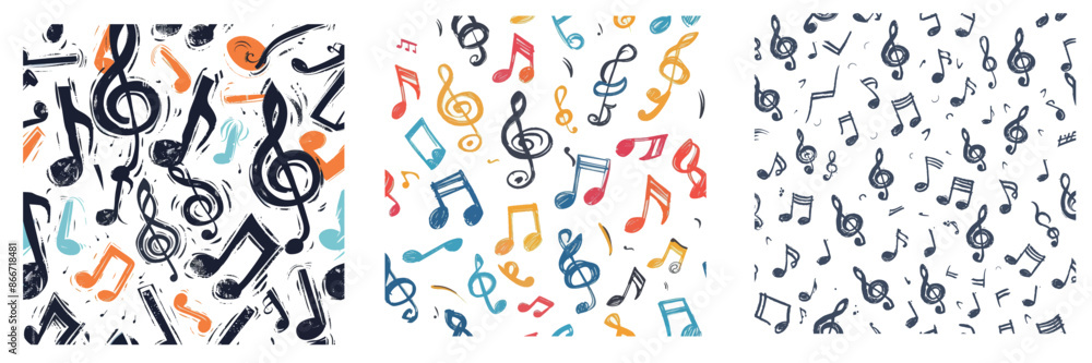 Notes and clefs, melody seamless pattern. Hand drawn sketches of song symbols. Modern music notation. Notes and clefs, melody seamless pattern. Hand drawn sketches of song symbols. Modern music notation.