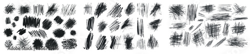 An isolated set of modern doodle strokes and scribbles with scribble hatch textures, dirty lines and scratches of various shapes.