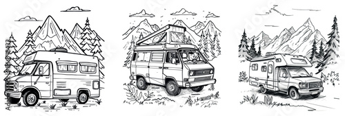 Illustration of mountains on a camper van.
