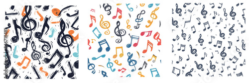 Notes and clefs, melody seamless pattern. Hand drawn sketches of song symbols. Modern music notation.