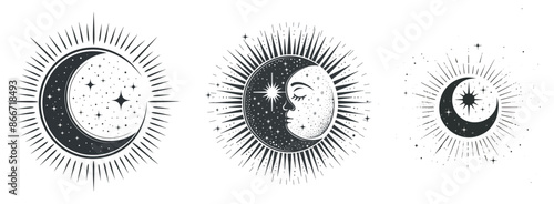 A crescent moon in a circle on a starry sky with rays of sunlight