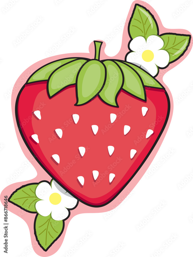 Strawberry with flowers illustration. Sticker strawberry Strawberry with flowers illustration. Sticker strawberry