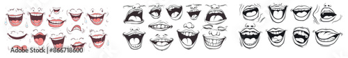 Isolated collection of contemporary hand drawn funny mouths with different expressions, including laugh, anger, and scary emotion.