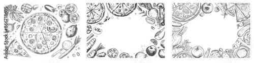 An illustration of pizza slice with tomato cheese mushrooms. Border with national Italian food ingredients. Modern promotional banner for a restaurant menu.