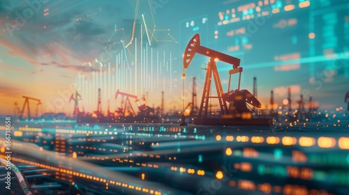 Double exposure image, oil pump lifts in the field and financial charts.