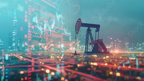 Double exposure image, oil pump lifts in the field and financial charts.