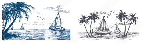 A hand-drawn nautical seascape with palm trees featuring yachts on the sea