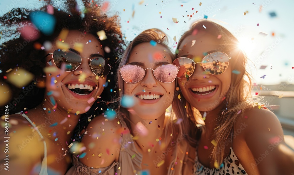 Happy Young Friends Celebrating with Confetti at a Rooftop Party, Close up Happy Young Friends Celebrating with Confetti at a Rooftop Party, Close up