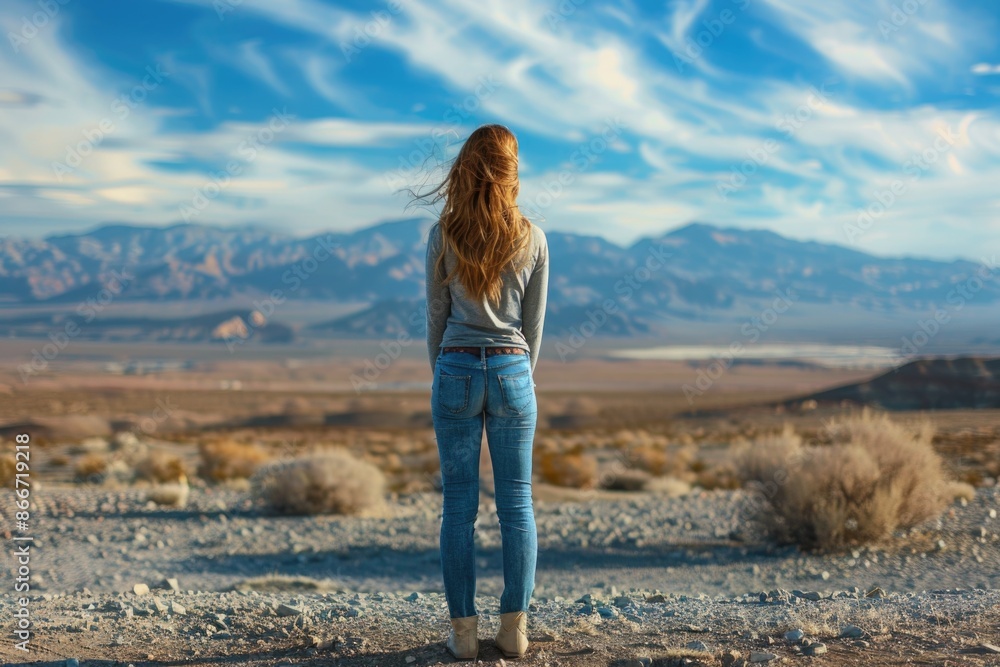 A woman stands alone in the vast expanse of a desert, with dunes stretching out before her A woman stands alone in the vast expanse of a desert, with dunes stretching out before her