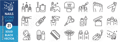 A set of line icons related to nail. Nail, clippers, biting, pets, brush, cutting, polishing and so on. Vector outline icons set.