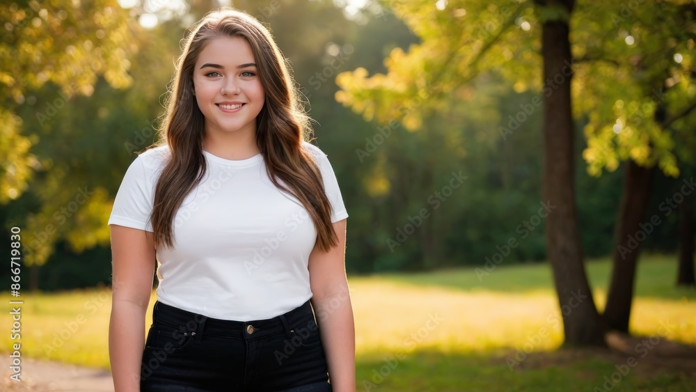 Plus size teenage girl wearing white t-shirt and black jeans standing in nature Plus size teenage girl wearing white t-shirt and black jeans standing in nature