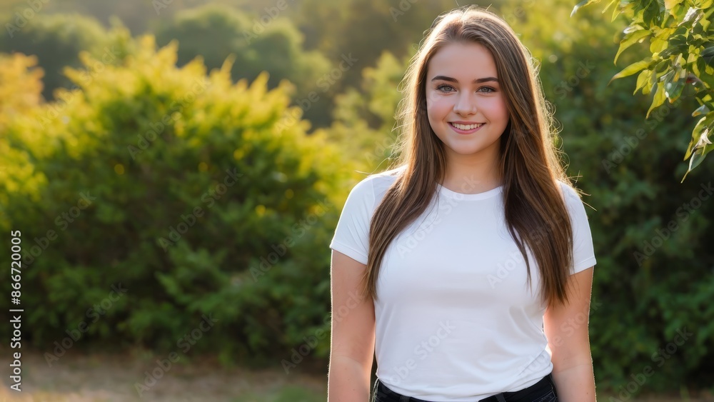Plus size teenage girl wearing white t-shirt and black jeans standing in nature Plus size teenage girl wearing white t-shirt and black jeans standing in nature