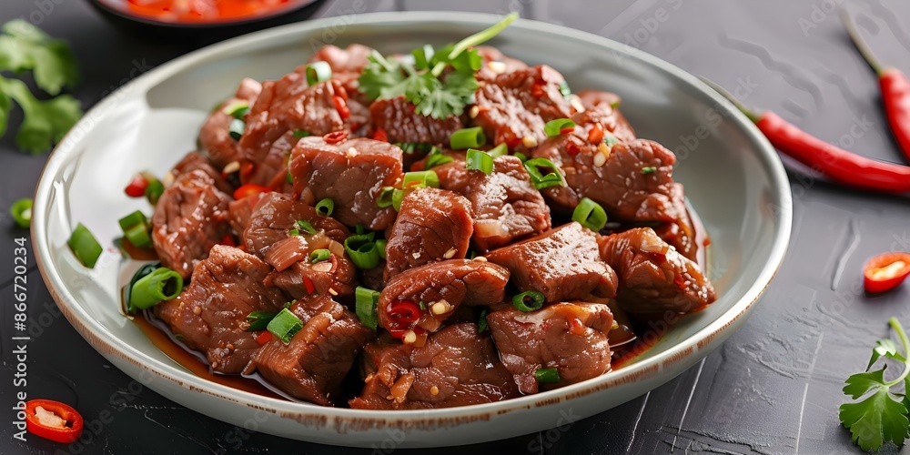 Tender Beef Cubes in Vietnamese Bo Luc Lac Dish A Popular Delicacy. Concept Vietnamese Cuisine, Bo Luc Lac Recipe, Beef Cubes, Popular Dish, Vietnamese Delicacy Tender Beef Cubes in Vietnamese Bo Luc Lac Dish A Popular Delicacy. Concept Vietnamese Cuisine, Bo Luc Lac Recipe, Beef Cubes, Popular Dish, Vietnamese Delicacy