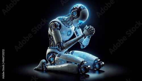 A Robot in Prayer, a Moment of Reflection - A futuristic robot kneeling with hands clasped in prayer, a striking image of artificial intelligence and spirituality. © Nima